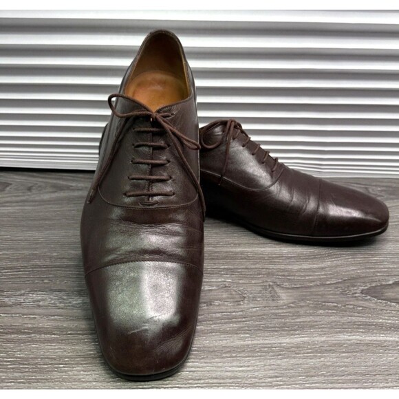 Gucci Men's Interlocking Lux Leather Lace Up Oxford Dress Shoes Size 12 Brown - Picture 1 of 16